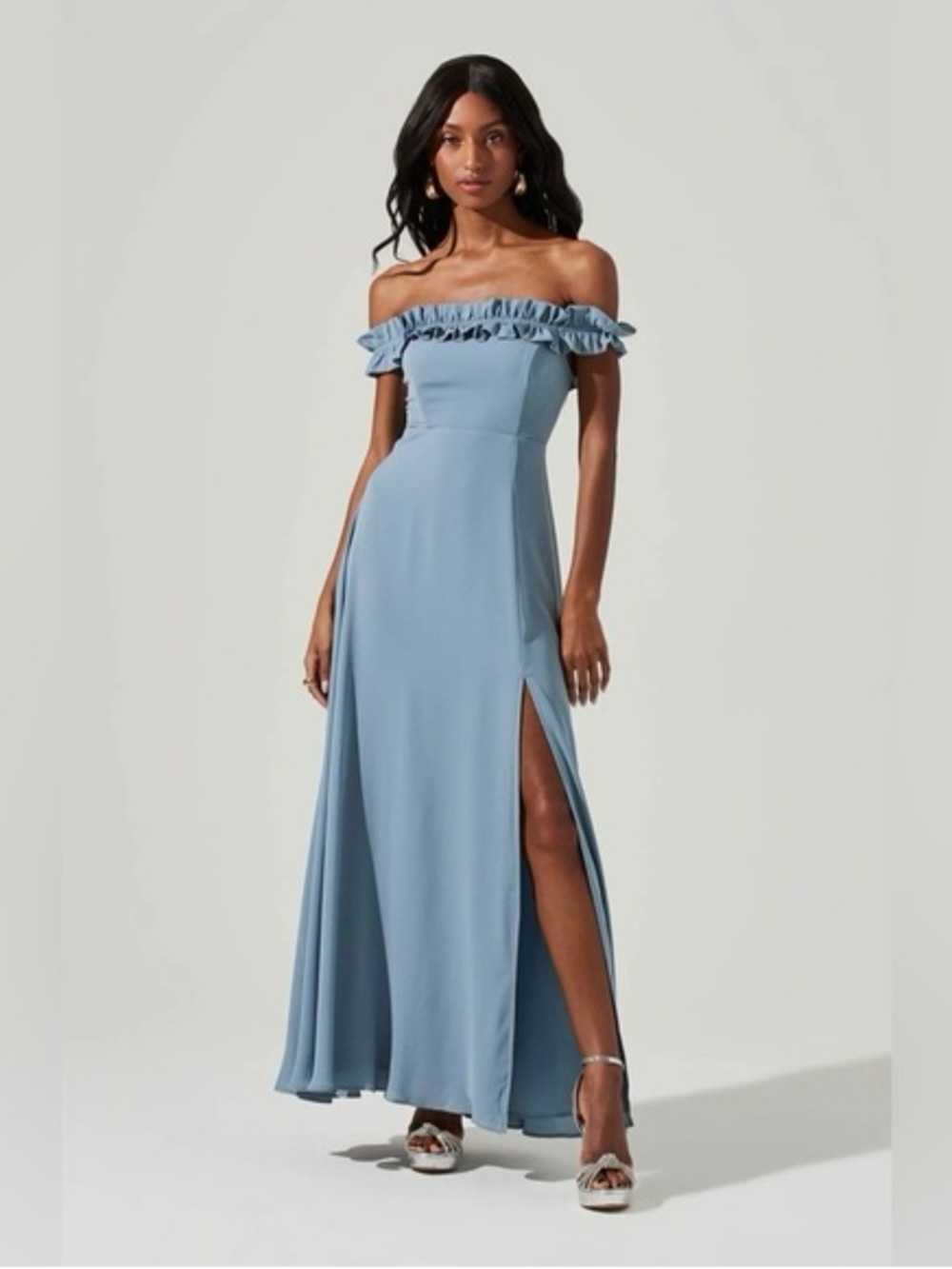 ASTR Venetia Off-Shoulder Ruffle Maxi Dress in Dusty Blue